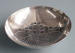 Japanese or Chinese white metal pedestal white metal dish with stylised foliate decoration and