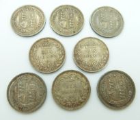 Eight various 1887 Victorian sixpences including five shield backs and three wreath, one with