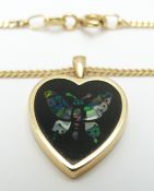 A 14ct gold heart pendant set with opal mosaic on a 9ct gold chain, 3.8g
