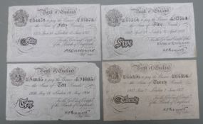 Four WWII Operation Bernhard banknotes comprising £5, £10, £20 and £50 notes. Operation Bernhard was