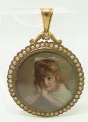 A 9ct gold locket set with a portrait miniature surrounded by seed pearls, 3cm diameter