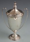 Mappin & Webb George V hallmarked silver twin handled lidded trophy cup with inscription relating to