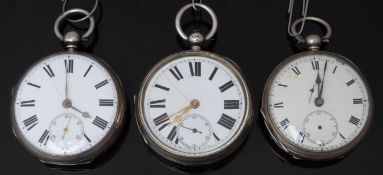 Three hallmarked silver open faced pocket watches all with subsidiary seconds dial, black Roman