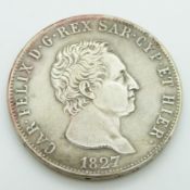 Car Felix Italy 1827 5 lire silver coin, VF