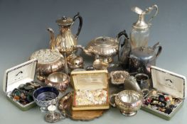Silver plated ware to include tea set, salt, pewter flask, claret jug or ewer, hallmarked silver