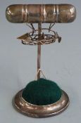 WWI hallmarked silver novelty pin cushion with airship or dirigible above, Birmingham 1915 maker