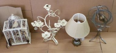 Quantity of treen items including bird cage, candle holder with hanging details, metal orrery and