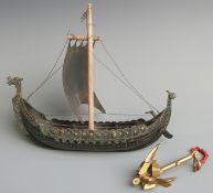 Aagaard, Copenhagen, brass / bronze Viking ship, length approximately 40cm long and 35cm high