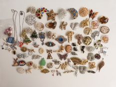 A collection of brooches including Sphinx, Miracle, Sarah Coventry, lucite etc