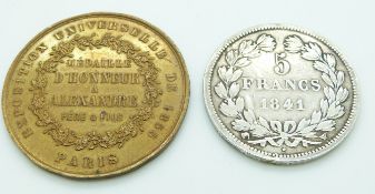 Louis Phillipe I, Roi de Francais 5 Franc silver coin 1841, together with Alexandre Pere 1855