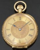 18ct gold keyless winding open faced pocket watch with blued hands, black Roman numerals, engraved