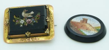 Victorian micro mosaic brooch depicting a bird and floral decoration and a micro mosaic plaque
