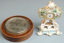 Mahogany and inlaid cased aneroid dial barometer with 17cm diameter silvered dial, together with a