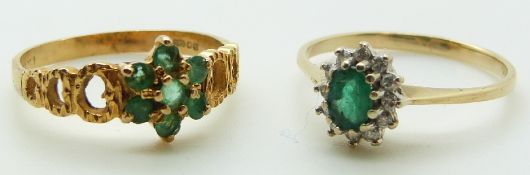 A 9ct gold ring set with an emerald and diamonds and a 9ct gold ring set with emeralds in a cluster,