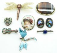 Two silver brooches set with butterfly wing, enamel dragonfly brooch, micro mosaic brooches,