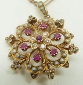 Edwardian 15ct gold brooch/ pendant set with seed pearls, diamonds and pink sapphires, on a 9ct gold