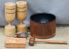 COLLECTING Retro Danish rosewood lined ice bucket and other treen items including a pair of candle