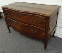 19thC French mahogany Serpentine fronted chest of two drawers raised on cabriole legs, 125 x 57 x