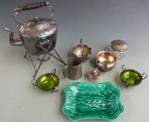 Silver plated ware including spirit kettle on stand, salts, hallmarked silver mounted glass pot,