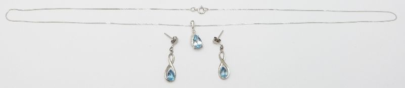 A 9ct white gold necklace set with pear cut blue topaz and diamonds, with matching earrings, 2g