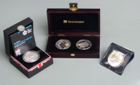 Three silver £5 coins and a 2012 diamond jubilee portrait coin