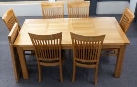 Modern light oak extending dining table and six chairs, unextended 180 x 95 x 76.5cm, chair height