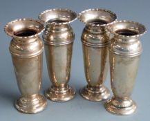 Set of four George V hallmarked silver vases, two Birmingham 1912 the other two 1913, all by