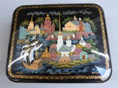 Russian lacquer box depicting a harbour and landscape, signed, 12cm x 10cm x 3.5cm