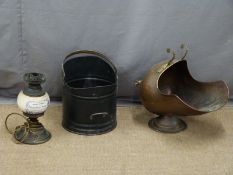 Two coal scuttles and advertising lamp base