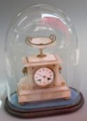 19thC alabaster mantel clock on base with glass dome, the clock 27cm, dome 39cm