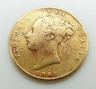 1865 Queen Victoria young head gold half sovereign, shield reverse