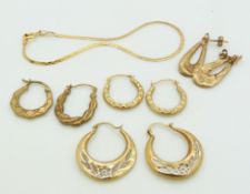 Three pairs of 9ct gold earrings (2.7g) and a 14k gold bracelet (0.9g)