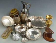 Silver plated and metal ware including WMF vases, Japanned tea caddy, muffin dish, Festival of