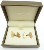 A pair of 9ct gold cufflinks with engraved decoration by JA & S, Birmingham 1905, 3.8g