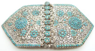 Nepalese, Indian or Burmese white metal buckle set with turquoise, overall width 13.5cm