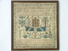 A 19thC tapestry sampler depicting alphabet and prayer for Catherine Greenfield, 1842, aged 12, 32 x