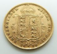 1890 Queen Victoria Jubilee head gold half sovereign, shield reverse