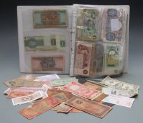 An amateur collection of English and overseas banknotes in an album, around 200 in all, mostly