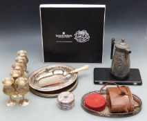 Silver plated ware to include large Spear & Jackson tray, goblets, drawing set, binoculars etc