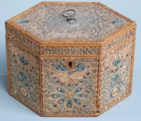 Georgian quilled paper hexagonal tea caddy, each surface having quilled and gilt paper scroll