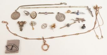 A collection of jewellery including a silver ring, RAF brooch, gold plated Victorian fob chain,