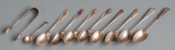 Victorian and later hallmarked silver teaspoons, sugar tongs and a mustard spoon, weight 110g