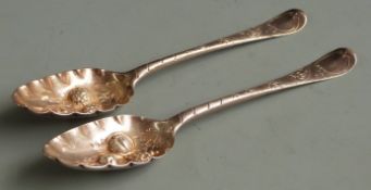 Pair of Georgian bottom hallmarked silver berry spoons, London, date letter indistinct but circa
