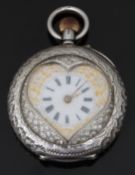 Continental silver keyless winding open faced pocket watch with heart shaped dial surround, multi-