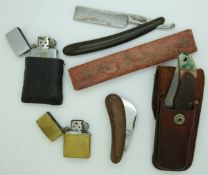 Schrade USA twin bladed pocket knife in leather case, Zippo Sea Harrier lighter; other lighters,