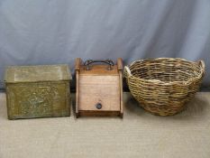 Oak coal box, brass box and log basket