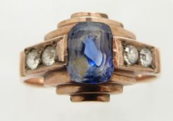 Art Deco rose gold ring set with an emerald cut sapphire and white sapphires, 4.1g, size P