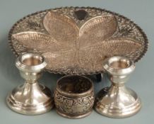 Persian or similar white metal pieced and footed dish, diameter 18cm weight 150g, two hallmarked
