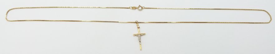 A 9ct gold necklace/chain made up of square links and a 9ct gold crucifix, 2.6g