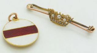 A 15ct gold brooch set with seed pearls in a cornet setting and a yellow metal medallion set with